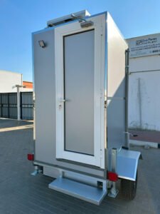 mobile trailer toilet front right side view Dubai, Abu Dhabi, UAE, Oman, Saudi Arabia