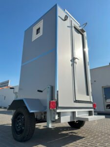 mobile portable trailer toilet front left side view Dubai, Abu Dhabi, UAE, Oman, Saudi Arabia