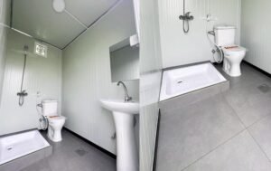 Interior of portable shower toilet in two Different view